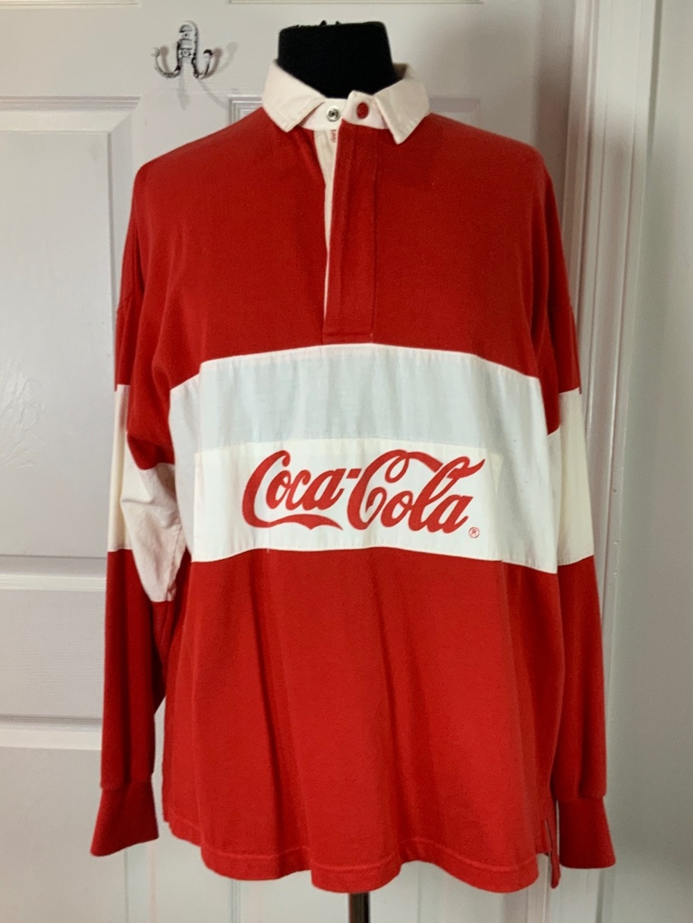 Vintage Coca Cola Red White Logo Rugby Polo Long Sleeve Retro Shirt Size XL
